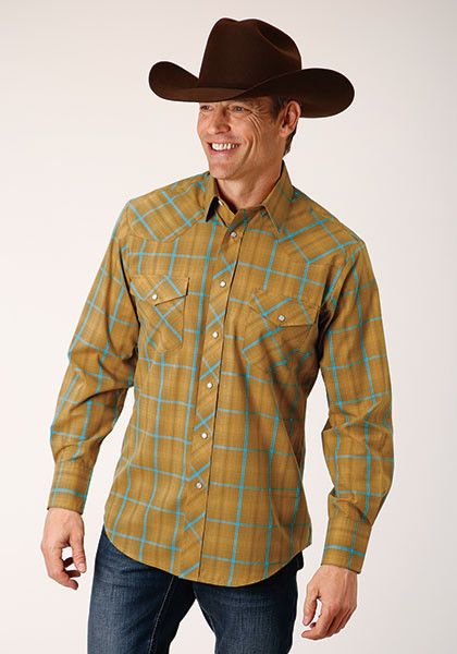 Pearl Snap Mens Western Shirt ~ BUTTERSCOTCH/TURQUOISE PLAID