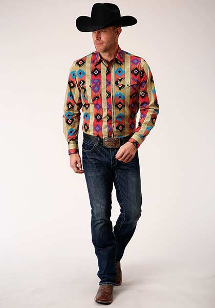 Men's Roper Short Sleeve Snap Shirt-Black Aztec Print