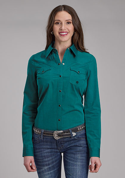 Womens Western Cowgirl Shirt ~ BLACK FILL SOLID POPLIN - TEAL