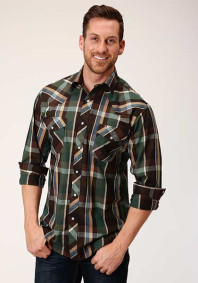 Roper Long Sleeve Plaid Shirt ~ OLIVE, BROWN, & TAN PLAID