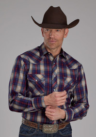 Pearl Snap Mens Western Shirt ~ NAVY, CREAM & RED PLAID