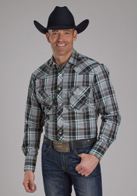 Pearl Snap Mens Western Shirt ~ GREY, BLACK & WHITE PLAID