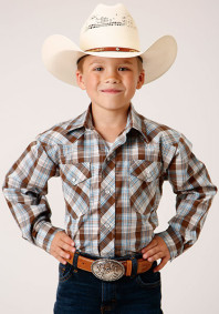 Boys Western Cowboy  Snap Shirt ~ BROWN, BLUE & WHITE PLAID