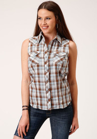 Womens Sleeveless  Cowgirl Shirt ~BROWN, BLUE & WHITE PLAID
