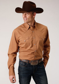 Pearl Snap Mens Western Shirt ~ SOLID POPLIN - CARAMEL