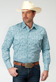 Pearl Snap Mens Western Shirt ~ STRETCH POPLIN - TEAL PAISLEY