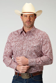 Pearl Snap Mens Western Shirt ~ STRETCH POPLIN - RED PAISLEY