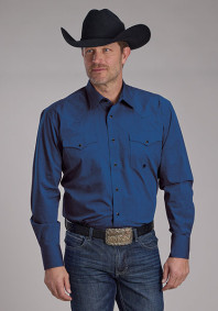Pearl Snap Mens Western Shirt ~ BLACK FILL POPLIN - BLUE