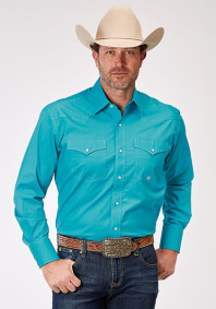 Pearl Snap Mens Western Shirt ~ SOLID POPLIN STRETCH - TURQUOISE