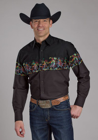 Pearl Snap Mens Western Shirt ~ SCRIBBLE BULLRIDERS BORDER SCENIC