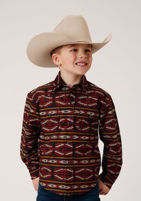 Boy's Long Sleeve Horizontal Aztec Print Shirt ~ RED AZTEC HORIZONTAL STRIPE