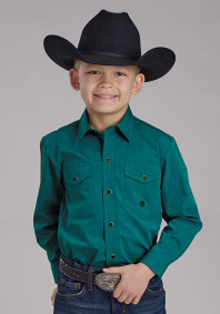 Boys Western Cowboy  Snap Shirt ~ BLACK FILL SOLID POPLIN - TEAL