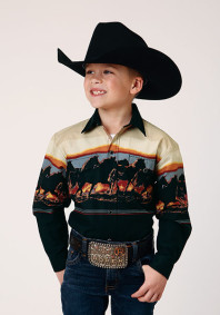 Boy's Vintage Style Border Print Western  Shirt ~ SCENIC HORSE BORDER