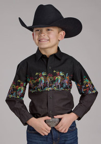 Boys Western Cowboy  Snap Shirt ~ SCRIBBLE BULLRIDERS BORDER SCENIC