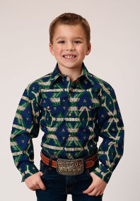 Boy's Long Sleeve Aztec Print Shirt ~ NAVY AZTEC ALLOVER PRINT