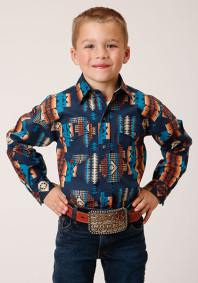 Boys Western Cowboy  Snap Shirt ~NAVY AZTEC STRIPE
