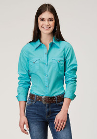 Womens Roper Western Shirt ~ SOLID POPLIN - TURQUOISE, 