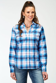 Womens Roper Western Shirt ~ STRETCH POPLIN - BLUE PLAID, 