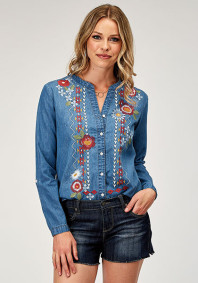 Womens Roper Western Shirt ~ LT WT MED BLUE DENIM BLOUSE