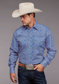 Pearl Snap Mens Western Shirt ~ CHAMBRAY MEDALLION PAISLEY