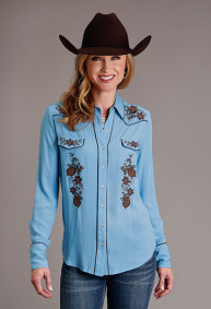 Womens Western Long Sleeve Shirt ~ LT BLUE RAYON CREPE LS BLOUSE