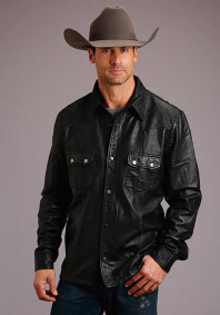 Stetson Jacket  ~ Black Leather Snap Front Collared Shirt Jacket
