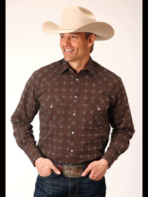 Mens Western Cowboy  Snap Shirt ~ BROWN/WHITE RETRO PRINT