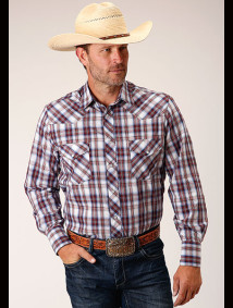 Roper Big & Tall Long Sleeve Western Shirt ~ WINE, NAVY, WHITE PLAID