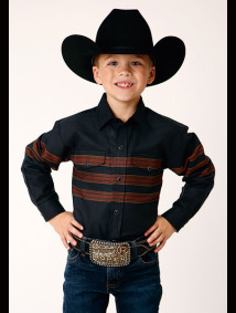 Boys Western Cowboy  Snap Shirt ~BLACK W/SADDLE BRN BORDER STRIPE