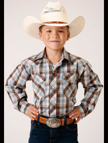 Boys Western Cowboy  Snap Shirt ~ BROWN, BLUE & WHITE PLAID