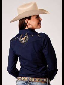 Womens Roper Western Shirt ~ SOLID BROADCLOTH - DEEP NAVY,