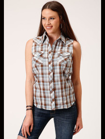 Womens Sleeveless  Cowgirl Shirt ~BROWN, BLUE & WHITE PLAID