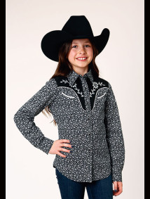 Girl's Western Cowgirl Shirt ~ BLACK/WHITE FLORAL PRINT