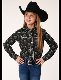 Girl's Western Retro Cowgirl Shirt ~BLACK & CREAM FLORAL PRINT