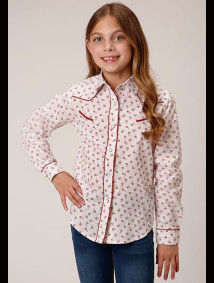 Girl's Western Vintage Cowgirl Shirt ~WHITE AND RED FLORAL PRINT