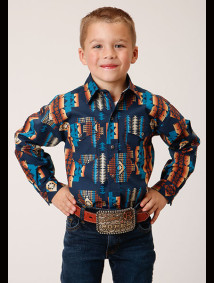 Boys Western Cowboy  Snap Shirt ~NAVY AZTEC STRIPE