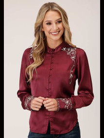 Womens Western Blouse ~ WINE POLY SATIN