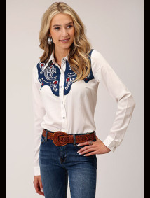 Womens Western Embroidered Cowgirl Shirt ~ White Poly Crepe