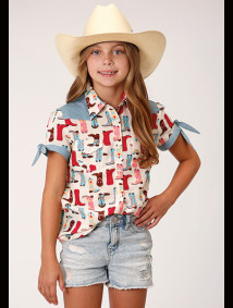 Girl's Western Short - Sleeve Cowgirl Shirt ~BOOT PRT