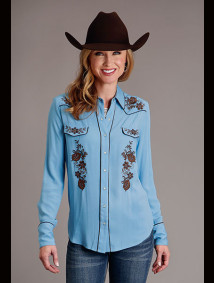 Womens Western Long Sleeve Shirt ~ LT BLUE RAYON CREPE LS BLOUSE