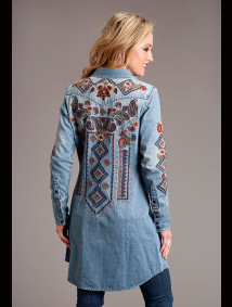 Womens Western Long Sleeve Shirt  ~ DENIM SHIRT DRESS FLORAL PAISLY EMB