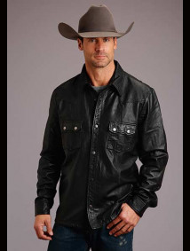 Stetson Jacket  ~ Black Leather Snap Front Collared Shirt Jacket