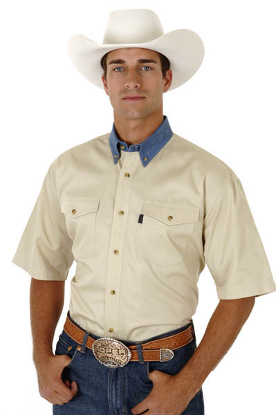 Short Sleeve Men's Western Shirt ~. TWILL W/DENIM BTN DOWN COLLAR OWS
