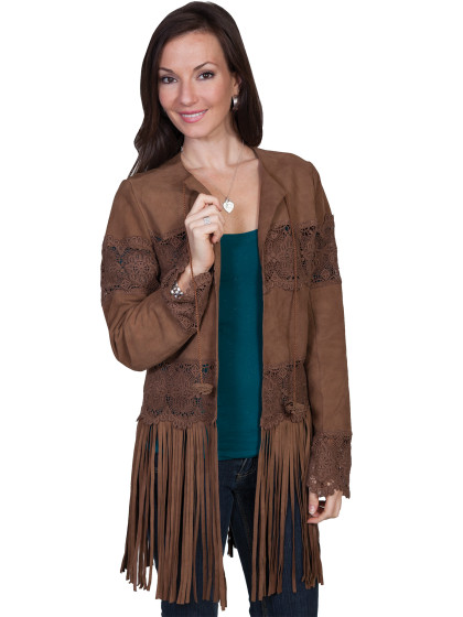 Scully® Ladies Brown Lamb Suede Long Fringe & Crochet Western Coat