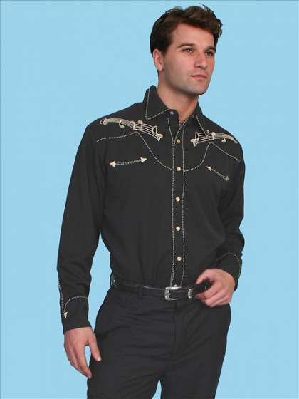 Scully® Mens Black Embroidered Musical Notes Long Sleeve Snap Western Shirt