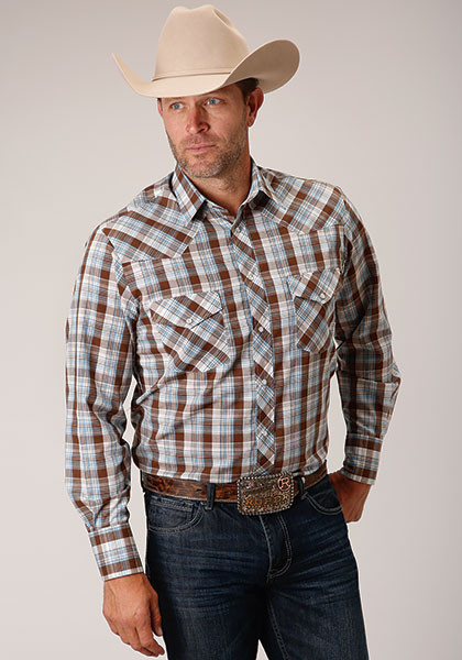 Long Sleeve Pearl Snap Men's Western Shirt ~ BROWN, BLUE & WHITE PLAID
