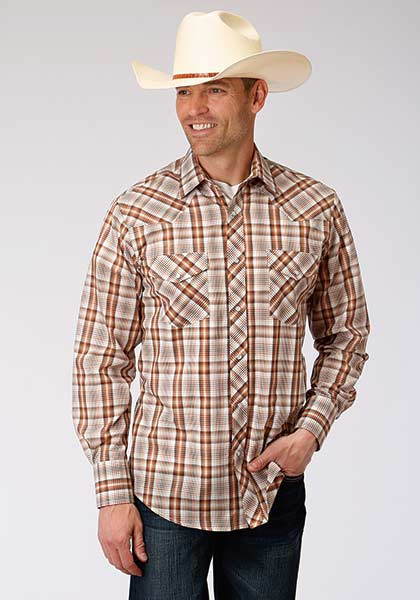 Mens Long Sleeve Western Shirt ~BROWN, RUST & CREAM PLAID