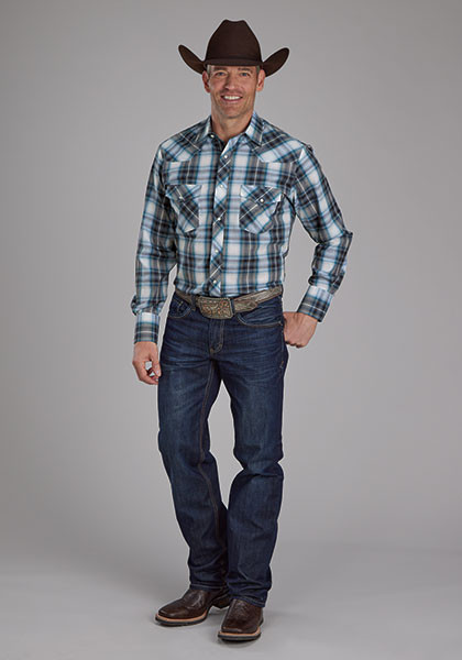  Big & Tall Men's Western Shirt ~.NAVY, TEAL, & WHITE PLAID