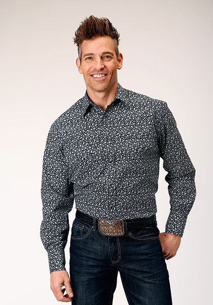 Mens Big & Tall Long Sleeve  Shirt ~BLACK/WHITE FLORAL PRINT