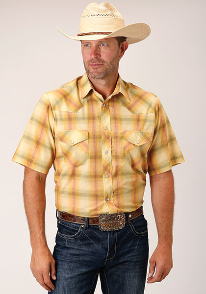 Mens Big & Tall Short Sleeve Cowboy Shirt ~YELLOW AND TANGERINE PLAID